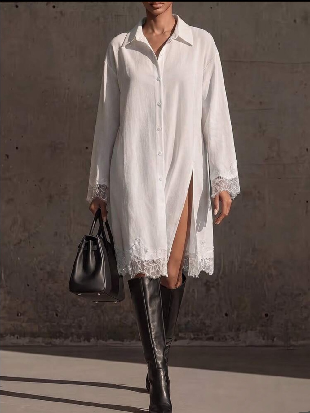 Boho Classic White Lace-Trim Slit Button-Down Shirt Dress
